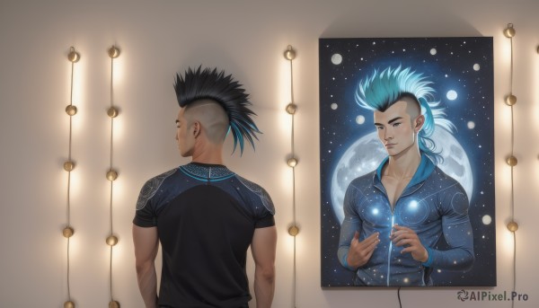 blue eyes,shirt,black hair,1boy,closed mouth,blue hair,closed eyes,upper body,male focus,multicolored hair,multiple boys,2boys,star (symbol),two-tone hair,black shirt,multiple views,moon,spiked hair,star (sky),starry sky,reflection,mirror,space,planet,orb,mohawk,different reflection,split screen,solo,long hair,ponytail,sky,artist name,from behind,tattoo,night,piercing,night sky,realistic,undercut