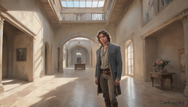 1girl,solo,long hair,looking at viewer,smile,brown hair,shirt,black hair,long sleeves,1boy,brown eyes,jewelry,closed mouth,standing,jacket,white shirt,flower,male focus,boots,open clothes,day,belt,pants,indoors,necklace,cup,lips,coat,window,shadow,chair,brown footwear,table,sunlight,blue jacket,scenery,buckle,pink flower,walking,light rays,belt buckle,door,arms at sides,brown pants,blue coat,vase,picture frame,painting (object),arch,short hair,holding,multiple boys,solo focus,collared shirt,medium hair,book,plant,potted plant,brown belt,wide shot,portrait (object)