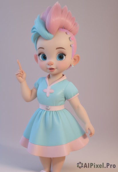 1girl,solo,looking at viewer,smile,short hair,open mouth,blue eyes,simple background,hair ornament,dress,jewelry,blue hair,standing,pink hair,short sleeves,multicolored hair,earrings,parted lips,teeth,hairclip,belt,hand up,two-tone hair,lips,eyelashes,blue dress,child,index finger raised,personification,female child,buck teeth,blush,heart,artist name,makeup,watermark,mohawk