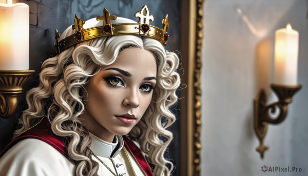 1girl,solo,long hair,looking at viewer,blonde hair,brown eyes,jewelry,white hair,parted lips,indoors,dark skin,necklace,blurry,dark-skinned female,lips,eyelashes,makeup,wavy hair,cross,crown,lipstick,portrait,curly hair,red lips,candle,throne,candlestand,nose