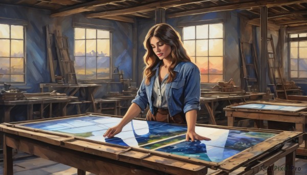 1girl,solo,long hair,brown hair,shirt,brown eyes,jewelry,closed mouth,jacket,closed eyes,white shirt,open clothes,cloud,indoors,necklace,open jacket,lips,window,wavy hair,chair,table,sunlight,cat,denim,blue jacket,sleeves rolled up,paintbrush,map,painting (action),palette (object),denim jacket,canvas (object),easel,breasts,skirt,collared shirt,belt,instrument,scenery,music,playing instrument,piano