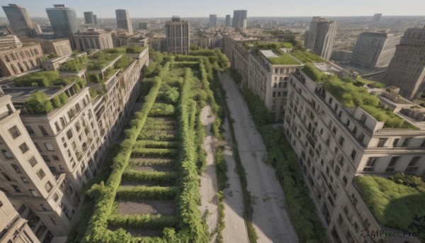 outdoors,sky,day,cloud,water,tree,no humans,window,plant,building,scenery,city,cityscape,ruins,skyscraper,moss,overgrown,post-apocalypse