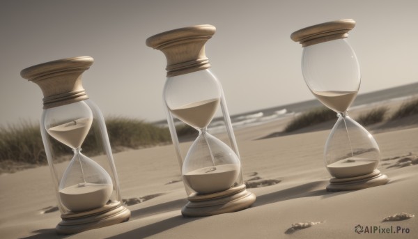 monochrome,outdoors,sky,day,signature,water,blurry,tree,no humans,shadow,ocean,beach,grass,scenery,sand,horizon,shore,still life,desert,grey background,blurry background,bottle,rock