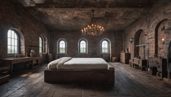 day,indoors,pillow,no humans,window,bed,chair,table,sunlight,scenery,wooden floor,stairs,door,lamp,candle,carpet,church,candlestand,chandelier,fireplace,book,bed sheet,couch,fantasy,wall,brick wall,rug,cabinet,wooden chair