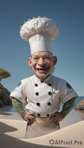 solo,looking at viewer,smile,open mouth,long sleeves,1boy,hat,jewelry,standing,white hair,short sleeves,:d,grey hair,male focus,earrings,outdoors,sky,teeth,day,tongue,black eyes,apron,tree,blue sky,buttons,white headwear,waist apron,hands on hips,realistic,double-breasted,bald,old,chef hat,desert,chef,wrinkled skin,saliva,rock