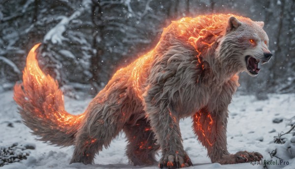 solo, open mouth, outdoors, blurry, tree, orange eyes, no humans, glowing, animal, fangs, fire, glowing eyes, claws, snow, snowing, realistic, winter