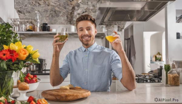 solo,looking at viewer,smile,short hair,open mouth,brown hair,shirt,1boy,holding,brown eyes,white shirt,upper body,flower,short sleeves,male focus,food,teeth,tongue,collared shirt,indoors,tongue out,cup,hands up,dress shirt,buttons,fruit,facial hair,upper teeth only,table,bottle,holding food,blue shirt,holding cup,beard,plate,alcohol,drinking glass,pocket,realistic,yellow flower,mustache,basket,breast pocket,wine glass,bread,vase,orange (fruit),kitchen,wine bottle,photo background,arm hair,counter,steak,knife,glass,cutting board