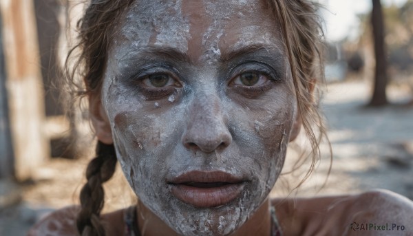 1girl,solo,long hair,looking at viewer,brown hair,bare shoulders,brown eyes,closed mouth,braid,outdoors,parted lips,blurry,lips,wet,single braid,depth of field,blurry background,portrait,close-up,freckles,realistic,nose,wet hair,dirty,jewelry,twin braids