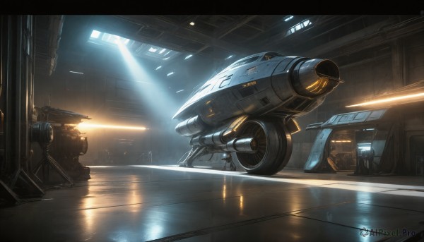 HQ,indoors,military,no humans,sunlight,robot,scenery,mecha,machinery,reflection,science fiction,light rays,realistic,light,spacecraft,lights,signature,letterboxed,ground vehicle,motor vehicle,space,vehicle focus