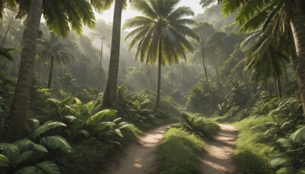 outdoors,day,tree,no humans,leaf,sunlight,grass,plant,nature,scenery,forest,palm tree,bush,shade,dappled sunlight,tree shade,sky,cloud,signature,cloudy sky,light rays,road,landscape,path