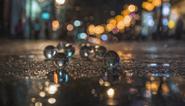 outdoors, blurry, no humans, night, depth of field, scenery, reflection, city, cityscape, bokeh, city lights, lights