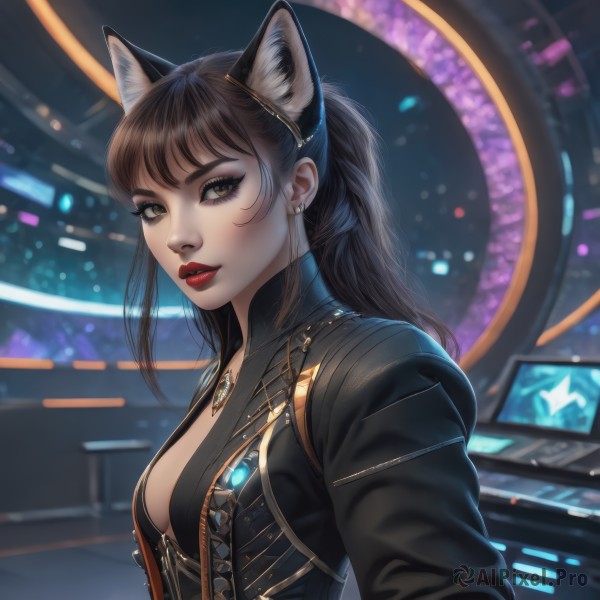 1girl,solo,long hair,breasts,looking at viewer,bangs,brown hair,black hair,animal ears,cleavage,brown eyes,jewelry,medium breasts,jacket,upper body,ponytail,sidelocks,earrings,parted lips,artist name,cat ears,necklace,blurry,lips,black jacket,eyelashes,makeup,blurry background,fake animal ears,lipstick,gem,extra ears,eyeshadow,nose,red lips,eyeliner,yellow eyes,small breasts,open clothes,from side,open jacket,animal ear fluff