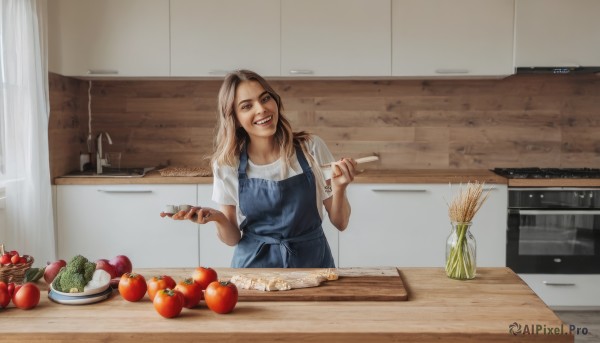 1girl,solo,long hair,looking at viewer,smile,open mouth,brown hair,shirt,holding,brown eyes,standing,white shirt,short sleeves,:d,food,teeth,tongue,indoors,apron,window,fruit,upper teeth only,table,knife,curtains,t-shirt,plate,realistic,apple,holding knife,cooking,kitchen,tomato,vegetable,blue apron,stove,potato,kitchen knife,cutting board,onion,bottle,holding food,bowl,carrot,sink,faucet,cucumber