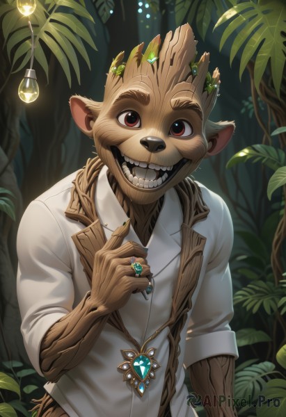 solo,looking at viewer,smile,open mouth,shirt,red eyes,1boy,animal ears,brown eyes,jewelry,tail,white shirt,upper body,male focus,outdoors,teeth,collared shirt,hand up,necklace,nail polish,grin,tree,fingernails,leaf,ring,thick eyebrows,plant,sharp teeth,gem,nature,furry,sleeves rolled up,forest,furry male,green nails,brown fur,light bulb,jacket,:d,glint