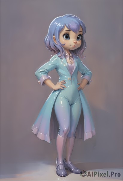 1girl,solo,breasts,smile,short hair,blue eyes,simple background,shirt,cleavage,blue hair,standing,full body,small breasts,shoes,shiny,collared shirt,pants,artist name,dark skin,black eyes,dark-skinned female,coat,personification,hands on hips,blue pants,blue coat,coattails,tailcoat,pantyhose,multicolored hair,lips,bodysuit,gradient hair