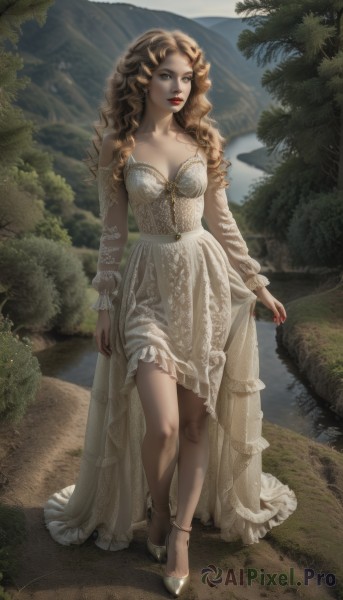 1girl,solo,long hair,breasts,looking at viewer,blonde hair,brown hair,hair ornament,dress,cleavage,brown eyes,jewelry,medium breasts,standing,collarbone,full body,outdoors,parted lips,detached sleeves,artist name,water,nail polish,white dress,high heels,tree,lips,grey eyes,makeup,watermark,lipstick,nature,red nails,curly hair,realistic,skirt hold,red lips,lake,long sleeves,frills,day,signature,wavy hair,sunlight,white footwear,bush