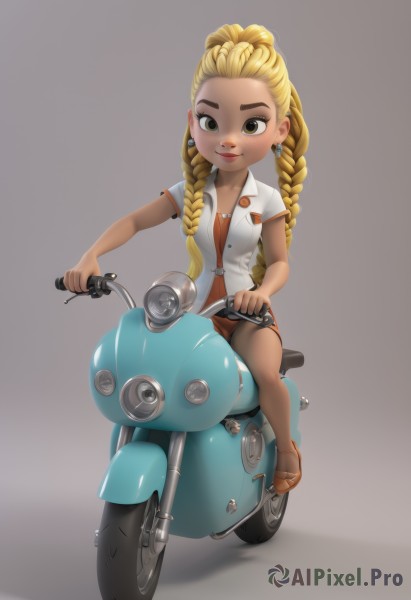 1girl,solo,long hair,breasts,looking at viewer,smile,skirt,blonde hair,simple background,shirt,brown eyes,jewelry,sitting,full body,braid,short sleeves,earrings,shoes,dark skin,grey background,twin braids,dark-skinned female,lips,ground vehicle,motor vehicle,forehead,riding,orange skirt,motorcycle,scooter,multiple braids,underwear,collarbone,panties,white shirt,open clothes,artist name,miniskirt,watermark,brown footwear,thick eyebrows,aged down,hair over shoulder,unbuttoned,partially unbuttoned