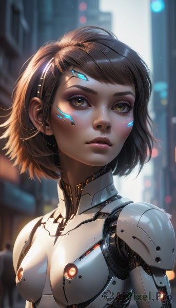 1girl,solo,breasts,looking at viewer,short hair,bangs,brown hair,brown eyes,closed mouth,upper body,small breasts,outdoors,artist name,blurry,lips,eyelashes,bodysuit,makeup,depth of field,blurry background,headgear,facial mark,looking up,building,eyeshadow,science fiction,nose,android,eyeliner,joints,cyborg,robot joints,cyberpunk,signature,glowing,expressionless,sunlight,robot,lens flare,backlighting,realistic,facepaint,mascara