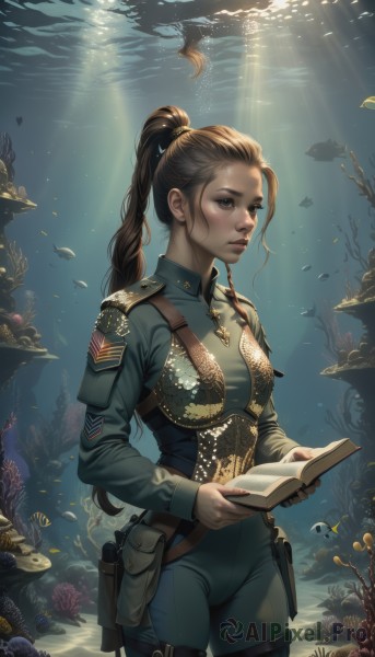 1girl,solo,long hair,breasts,blue eyes,brown hair,long sleeves,holding,brown eyes,medium breasts,standing,ponytail,cowboy shot,water,uniform,lips,book,military,bodysuit,military uniform,sunlight,fish,holding book,pouch,light rays,underwater,nose,holster,air bubble,sunbeam,hair pulled back,thigh holster,coral,wetsuit,jacket,weapon,braid,boots,nail polish,gun,corset,backlighting,freckles,epaulettes,open book,realistic,reading,military jacket