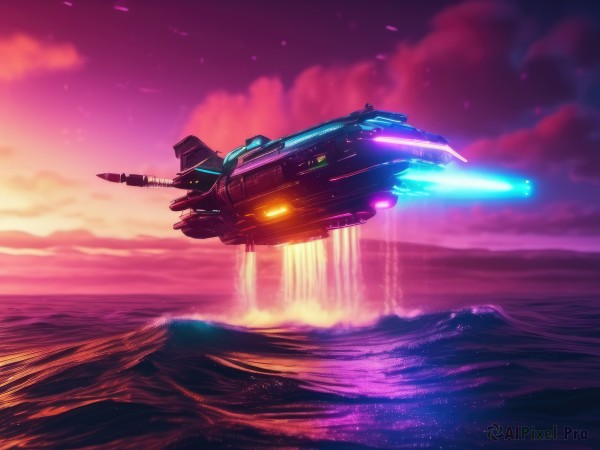 A spacecraft showcased in a bold sunset outdoors