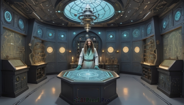 solo,long hair,black hair,long sleeves,1boy,standing,male focus,belt,indoors,book,shadow,glowing,facial hair,scenery,beard,science fiction,robe,fantasy,mustache,labcoat,magic circle,looking at viewer,brown hair,gloves,wide sleeves