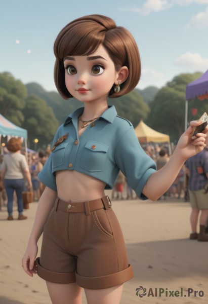 1girl,smile,short hair,bangs,brown hair,shirt,navel,holding,brown eyes,jewelry,closed mouth,standing,short sleeves,cowboy shot,earrings,outdoors,multiple boys,sky,shorts,solo focus,day,midriff,collared shirt,artist name,cloud,hand up,necklace,blurry,tree,blue sky,lips,crop top,short shorts,makeup,buttons,depth of field,blurry background,swept bangs,bob cut,thick eyebrows,blue shirt,denim,lipstick,child,pendant,arm at side,pocket,nose,red lips,female child,breast pocket,coin,brown shorts,cropped shirt,people,blush,jacket,freckles,cropped jacket