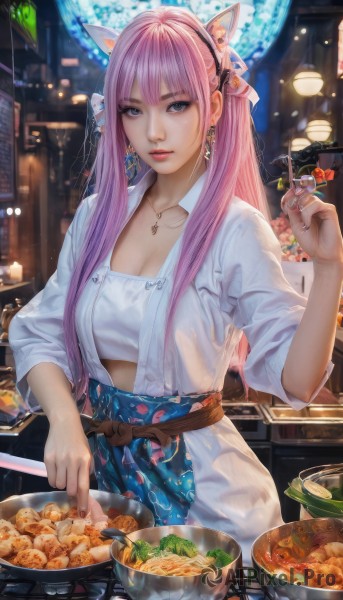 1girl,solo,long hair,breasts,looking at viewer,bangs,blue eyes,skirt,shirt,holding,animal ears,cleavage,jewelry,medium breasts,white shirt,pink hair,hairband,earrings,food,open clothes,midriff,indoors,cat ears,necklace,nail polish,lips,blue skirt,grey eyes,fake animal ears,ring,knife,bowl,realistic,fork,holding knife,noodles,kitchen,hair ornament,artist name,blurry,apron,blurry background,watermark,spoon,tube top,salad