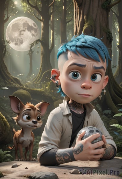 looking at viewer,smile,short hair,blue eyes,shirt,long sleeves,1boy,holding,jewelry,closed mouth,blue hair,jacket,upper body,male focus,earrings,outdoors,open clothes,artist name,tree,black shirt,tattoo,night,animal,leaf,piercing,moon,white jacket,grass,plant,ear piercing,child,nature,full moon,forest,freckles,rock,realistic,male child,mushroom,moonlight,squirrel,deer,lizard,solo,sky,pointy ears,watermark,cross,aged down,night sky,skull