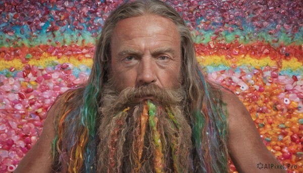 solo,long hair,looking at viewer,1boy,upper body,grey hair,male focus,multicolored hair,food,grey eyes,facial hair,traditional media,beard,realistic,old,old man,colorful,surreal,wrinkled skin,nude,green hair,mustache,painting (medium),what