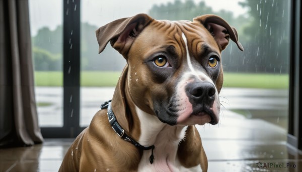 HQ,solo,brown eyes,yellow eyes,outdoors,blurry,collar,wet,no humans,depth of field,blurry background,animal,looking up,rain,dog,water drop,realistic,animal focus,looking at viewer,day,window,animal collar