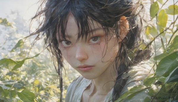 1girl,solo,long hair,looking at viewer,bangs,shirt,black hair,brown eyes,closed mouth,white shirt,braid,outdoors,day,water,mole,blurry,lips,wet,eyelashes,leaf,sunlight,plant,portrait,close-up,freckles,realistic,nose,wet hair,collarbone,blurry background,messy hair