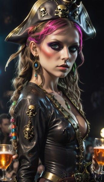 1girl,solo,long hair,breasts,looking at viewer,blush,blonde hair,brown hair,long sleeves,hat,holding,cleavage,jewelry,medium breasts,closed mouth,green eyes,upper body,pink hair,braid,multicolored hair,earrings,small breasts,solo focus,shiny,belt,necklace,nail polish,mole,blurry,from side,two-tone hair,cup,lips,eyelashes,mole under eye,single braid,black headwear,no bra,makeup,depth of field,blurry background,ring,lipstick,gem,holding cup,mole under mouth,buckle,alcohol,eyeshadow,drinking glass,skull,belt buckle,realistic,nose,drink,red lips,brown belt,eyeliner,candle,wine glass,leather,dark background,pirate hat,mascara,pirate,skull and crossbones,tricorne,multiple braids,blue eyes,signature,dated,piercing,corset,freckles,gold,mole on cheek