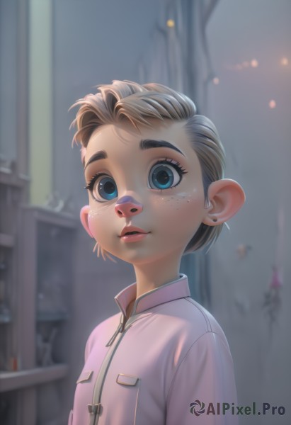 1girl,solo,looking at viewer,short hair,blue eyes,blonde hair,brown hair,shirt,jewelry,upper body,earrings,parted lips,teeth,indoors,blurry,lips,eyelashes,blurry background,child,freckles,pocket,pink shirt,female child,stud earrings,1boy,jacket,male focus,thick eyebrows,zipper,male child