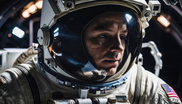 solo,1boy,closed mouth,upper body,male focus,dark skin,blurry,blurry background,helmet,portrait,reflection,science fiction,realistic,space,american flag,spacesuit,astronaut,blue eyes,signature,planet,earth (planet),spacecraft,space helmet,united states