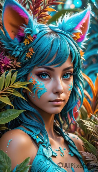 1girl,solo,long hair,breasts,looking at viewer,bangs,blue eyes,hair ornament,animal ears,cleavage,bare shoulders,jewelry,medium breasts,closed mouth,blue hair,collarbone,upper body,flower,artist name,hair flower,necklace,blurry,aqua eyes,lips,animal ear fluff,fox ears,eyelashes,aqua hair,makeup,blurry background,leaf,watermark,facial mark,plant,portrait,web address,eyeshadow,realistic,nose,eyeliner,whisker markings,facepaint,orange flower,mascara,dress,depth of field,pink lips,yellow flower