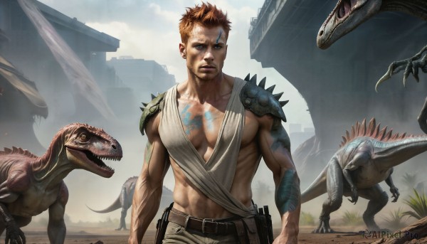 HQ,solo,looking at viewer,short hair,open mouth,blue eyes,brown hair,1boy,navel,closed mouth,standing,collarbone,male focus,outdoors,sky,teeth,day,belt,pants,cloud,orange hair,armor,tattoo,muscular,facial hair,scar,abs,cloudy sky,pectorals,sharp teeth,muscular male,spiked hair,shoulder armor,building,bara,beard,scar on face,spikes,veins,pauldrons,monster,pouch,mature male,realistic,dragon,arm tattoo,manly,bare pectorals,ruins,shoulder pads,belt pouch,biceps,single pauldron,dinosaur