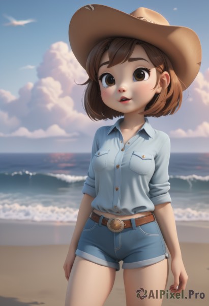 1girl,solo,breasts,looking at viewer,blush,short hair,open mouth,bangs,brown hair,shirt,hat,brown eyes,standing,collarbone,white shirt,cowboy shot,small breasts,outdoors,parted lips,sky,shorts,teeth,day,collared shirt,belt,artist name,cloud,water,blurry,blue sky,lips,short shorts,buttons,blurry background,ocean,beach,cloudy sky,blue shirt,denim,buckle,sleeves rolled up,blue shorts,denim shorts,pocket,sun hat,belt buckle,sand,arms at sides,brown headwear,horizon,brown belt,breast pocket,cowboy hat,shore