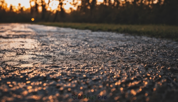 outdoors,water,blurry,tree,no humans,night,depth of field,blurry background,sunlight,grass,nature,scenery,reflection,river,bokeh,sky,building,city,road,cityscape,field,landscape,photo background,city lights