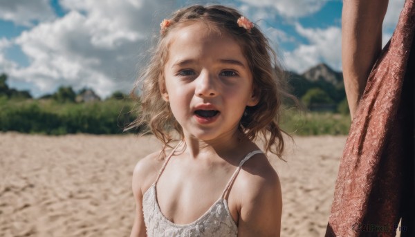 1girl,solo,breasts,looking at viewer,short hair,open mouth,blue eyes,brown hair,hair ornament,dress,cleavage,bare shoulders,upper body,small breasts,outdoors,sky,teeth,sleeveless,solo focus,day,cloud,medium hair,white dress,blurry,blue sky,lips,blurry background,upper teeth only,child,realistic,female child,flower,hair flower,tree,wind