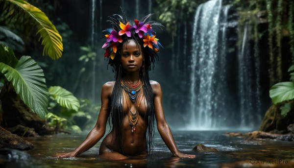 HQ,1girl,solo,long hair,breasts,looking at viewer,black hair,hair ornament,navel,brown eyes,jewelry,medium breasts,flower,nude,outdoors,hair flower,dark skin,water,necklace,blurry,black eyes,dark-skinned female,tree,lips,wet,leaf,topless,plant,nature,convenient censoring,breasts apart,wading,forest,partially submerged,realistic,hair censor,hair over breasts,waterfall,earrings,hibiscus,very dark skin,tribal