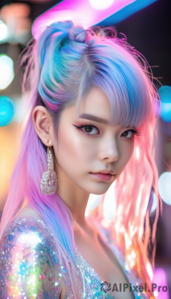 1girl,solo,long hair,breasts,looking at viewer,bangs,brown eyes,jewelry,closed mouth,blue hair,upper body,ponytail,pink hair,multicolored hair,earrings,blurry,two-tone hair,lips,eyelashes,makeup,blurry background,portrait,eyeshadow,realistic,nose,mascara,artist name,from side,gradient hair,depth of field,watermark,lipstick,bokeh