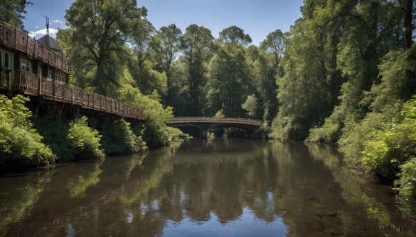 outdoors,sky,day,cloud,water,tree,blue sky,no humans,grass,plant,building,nature,scenery,forest,reflection,road,bush,house,bridge,river,reflective water,window,power lines,utility pole