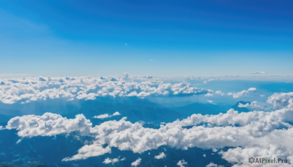 monochrome,outdoors,sky,day,cloud,blue sky,no humans,ocean,cloudy sky,scenery,blue theme,horizon,landscape,above clouds,water