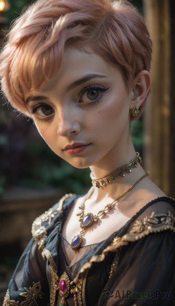 1girl,solo,looking at viewer,short hair,blonde hair,dress,brown eyes,jewelry,closed mouth,collarbone,upper body,pink hair,earrings,choker,puffy sleeves,artist name,necklace,blurry,lips,eyelashes,tattoo,makeup,depth of field,blurry background,gem,pendant,freckles,realistic,nose,very short hair,mascara,brown hair,portrait