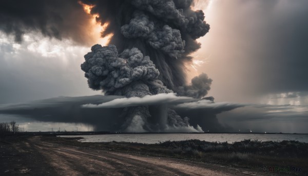 flower,outdoors,sky,cloud,water,tree,no humans,cloudy sky,grass,fire,nature,scenery,smoke,mountain,landscape,fog,burning,monochrome,day,sunlight,field