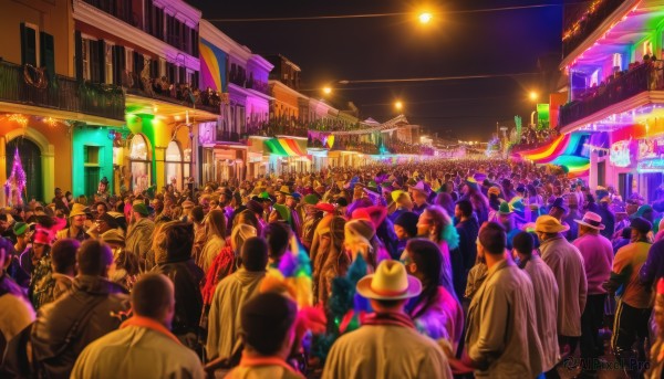 multiple girls,hat,outdoors,multiple boys,sky,night,6+girls,building,scenery,6+boys,city,cityscape,crowd,colorful,stage,lights,festival,neon lights,people,concert,audience,long hair,from behind,night sky,sign,flag,light,road,lamppost,street,banner