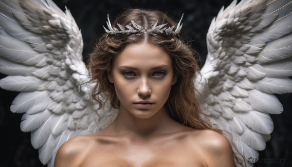 1girl,solo,long hair,looking at viewer,blue eyes,brown hair,bare shoulders,collarbone,upper body,nude,parted lips,wings,lips,grey eyes,wavy hair,tiara,crown,portrait,feathered wings,angel wings,realistic,white wings,angel,feathers