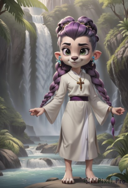 1girl,solo,long hair,looking at viewer,smile,long sleeves,dress,jewelry,very long hair,green eyes,standing,full body,purple hair,braid,earrings,outdoors,barefoot,day,pointy ears,water,necklace,white dress,twin braids,bracelet,tree,sash,:3,sunlight,thick eyebrows,cross,plant,child,nature,claws,furry,forest,robe,light rays,rock,furry female,female child,cross necklace,animal nose,waterfall,multiple braids,animal ears,twintails,wide sleeves,nail polish,flat chest,fingernails,black nails,freckles,toenails,sharp fingernails,sharp toenails