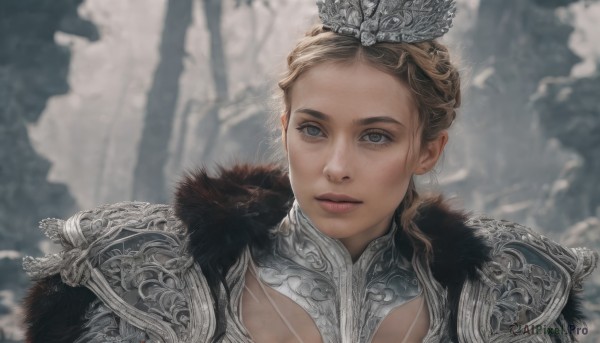 1girl,solo,looking at viewer,blue eyes,blonde hair,closed mouth,upper body,outdoors,armor,blurry,lips,grey eyes,fur trim,blurry background,tiara,crown,shoulder armor,portrait,pauldrons,realistic,brown hair,braid,parted lips,nose,gorget