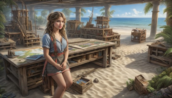 1girl,solo,long hair,breasts,looking at viewer,smile,brown hair,shirt,dress,cleavage,brown eyes,sitting,braid,short sleeves,outdoors,sky,day,cloud,water,tree,blue sky,lips,ocean,wavy hair,chair,beach,table,sunlight,plant,box,scenery,curly hair,sand,palm tree,horizon,potted plant,watercraft,paintbrush,ship,map,painting (action),treasure chest,crate,jewelry,medium breasts,collarbone,parted lips,belt,necklace,bag,gun,book,blue dress,looking away,short dress,own hands together,bottle,blue shirt,knife,basket,shell,shore,seashell,hands on lap,radio,art brush,canvas (object),easel